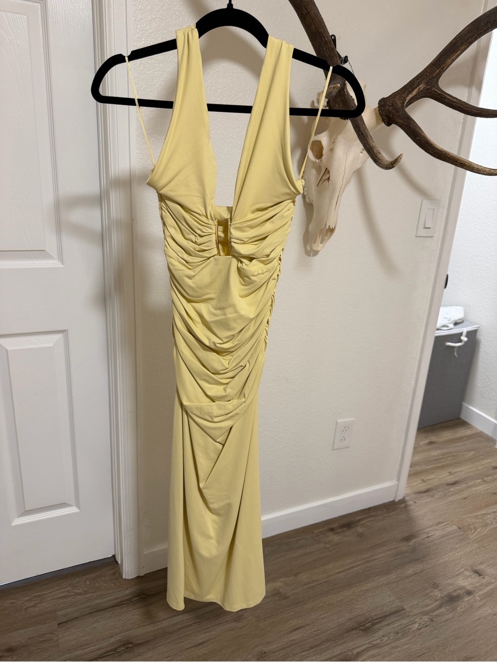 Zara Pale Yellow Ruched V-Neck Maxi Dress
